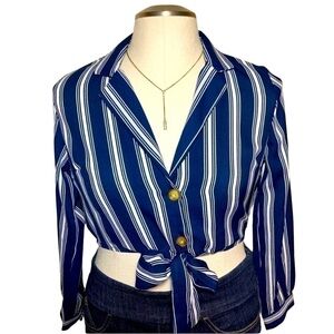 Cropped navy white striped nautical button down tie front collared V-neck top S